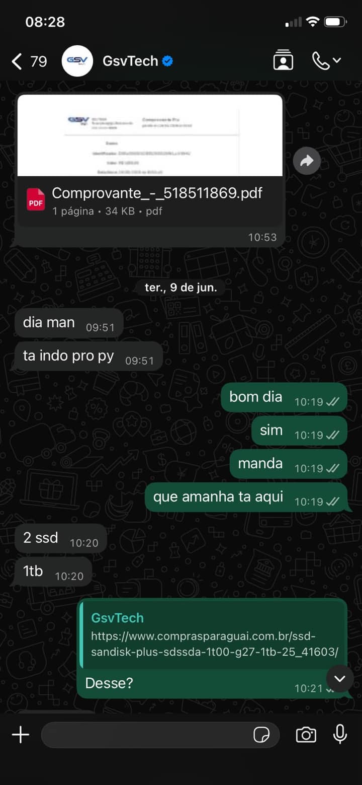 Fornecedor GsvTech enviando comprovante e cotação de SSD