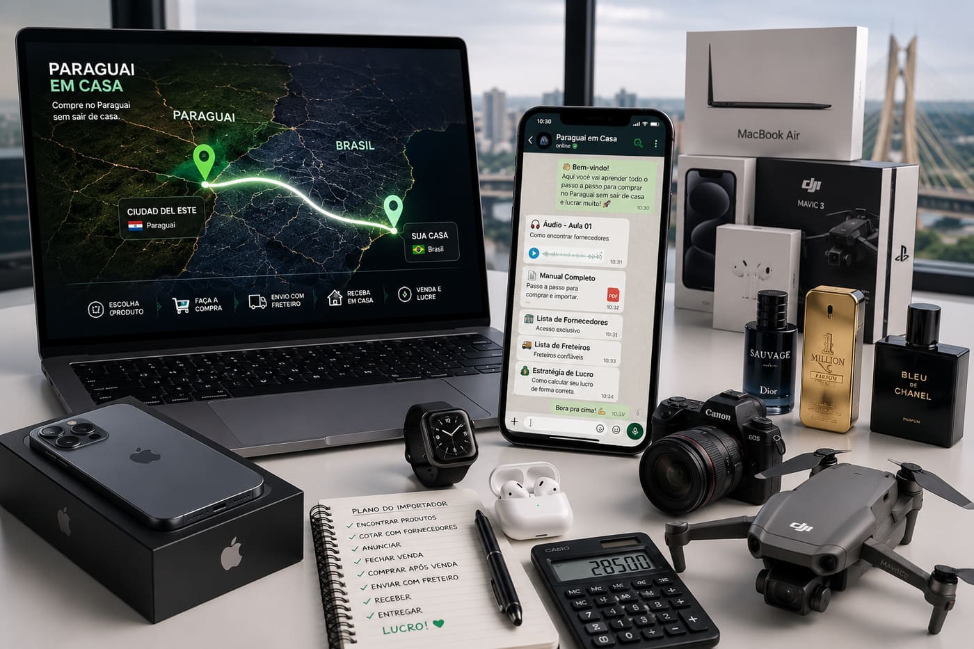 Notebook com o mapa Paraguai → Brasil, celular com o treinamento no WhatsApp e produtos importados sobre a mesa